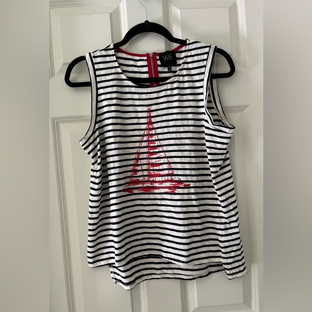 Women’s W5 nautical themed navy striped tank top, sailboat image size M summer
